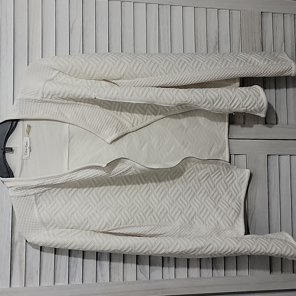 Calvin Klein Womens Off-White Geometric Textured Side Zip Lightweight Coat